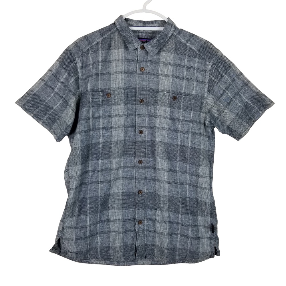 Patagonia Button Down Shirt Mens Medium Grey Plaid‎ Short Sleeve Pockets 60